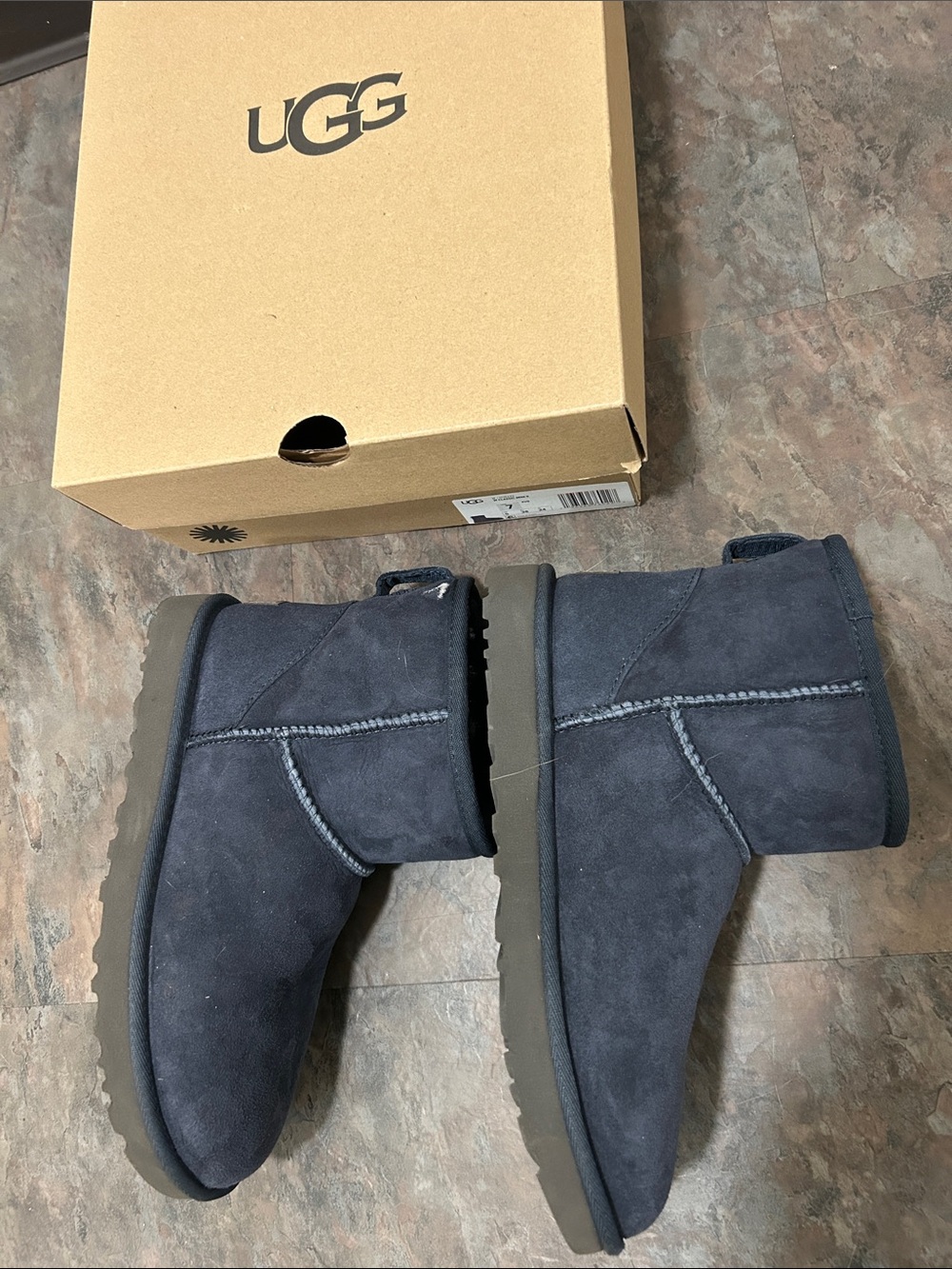 Women’s MINI II UGG Navy Short Suede Boot with Plush Shearling Size 7 EXCELLENT - Picture 15 of 16